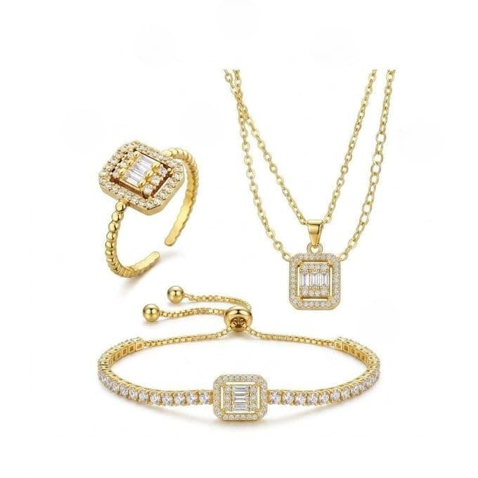 Elegant Gold Tone Designer Jewelry Set for Women with Necklace, Bracelet and Ring Embellished with Sparkling Details and Sparkling Stones to Give Your Look a Sophisticated and Attractive Touch for