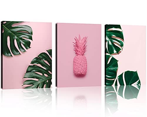 TutuBeer Plant Art with Pink Pineapple and Green Leaves on Pink Plant Wall Art Tropical Wall Decor 12" x 16" x 3 Pieces Canvas Pictures Prints Artwork Ready to Hang for Home Decoration Wall Decor