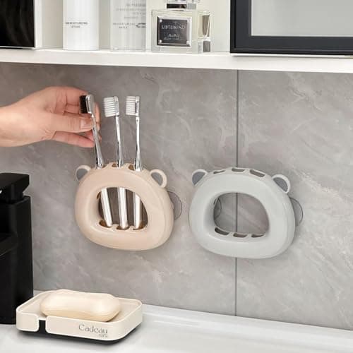 Colorful Accessory - Wall-mounted toothbrush holder with reusable sticky base, eco-friendly easy-to-clean plastic, detachable parts for convenient maintenance and daily bathroom use