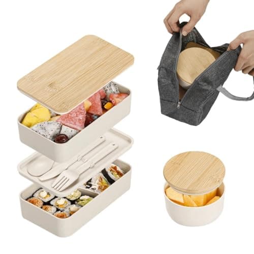 Divided Lunch Box with Wooden Lid Portable Meal Prep Storage Container