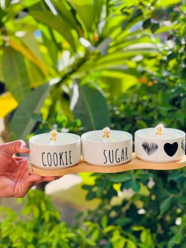 Generic 3-Piece Spice Jar Set with Wooden Stand & Glass Lids, .M