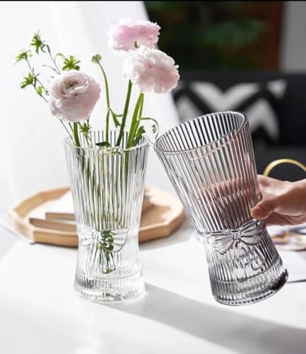 Generic Ribbed Glass Vase with Bow Detail, Transparent, Elegant Floral Display for Home Décor, .kl