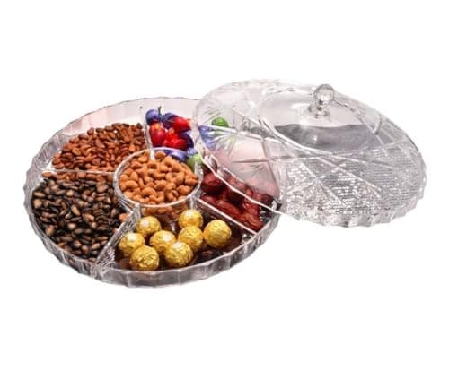 Generic Acrylic Divided Snack Serving Plate with Lid, Round Bonbonniere Tray for Nuts, Candies, Cakes and Biscuits, .nin
