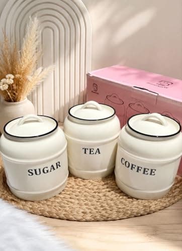 Generic Canister Set, White with Black Trim, for Sugar, Tea, and Coffee Storage, 3 Piece, .Ais Food storage container