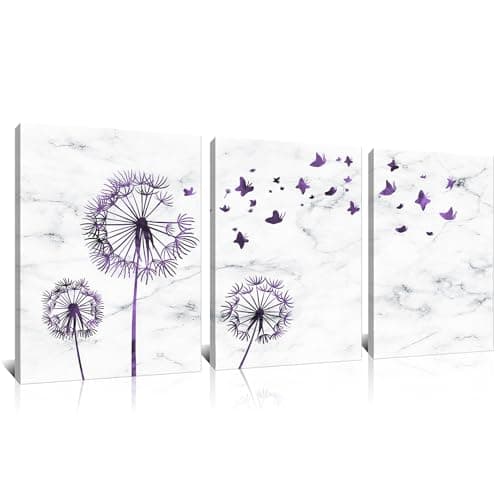 Kalormore Abstract Purple Dandelion with Butterflies Picture Canvas Wall Art Flowers Giclee Prints Floral Painting Artwork for Modern Living Room Home Office Bedroom Bathroom