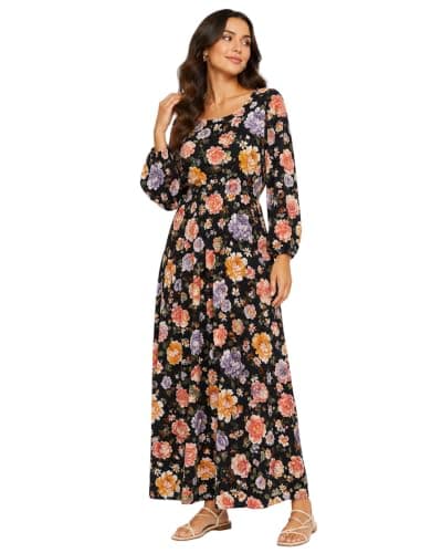 Midnight Blossom Maxi Dress, Black, Free Size, Floral Print, Long Sleeve