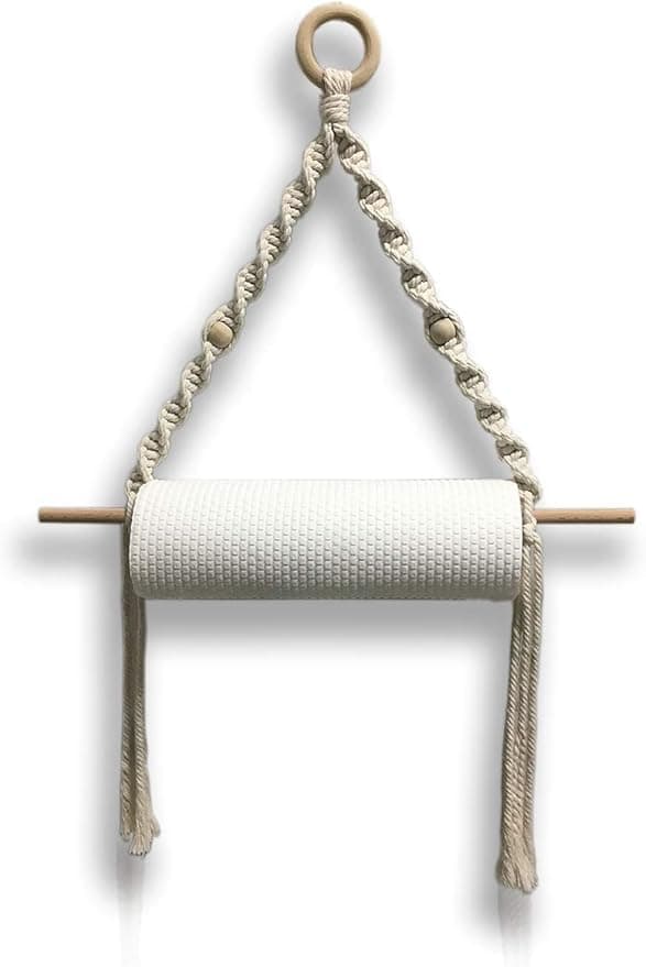 Macrame Paper Towel Holder, Boho Wall Hanging with Wooden Dowel, Cotton Rope, 56.9 x 39.9 cm