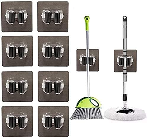 FuYamp Mop Broom Holder, 8 Pack Heavy Duty Mop Wall Mounted Clips Hangers Broom Storage Rack Hooks Tidy Clamp Organizer Tool for Closet Kitchen Garden Garage Bathroom Office, Black