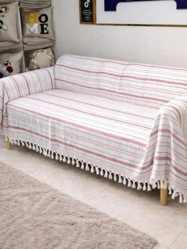 Generic Cotton Sofa Throw Blanket with Fringe, Pink Striped, 250 x 240 cm, Cashmere Colour, .sr