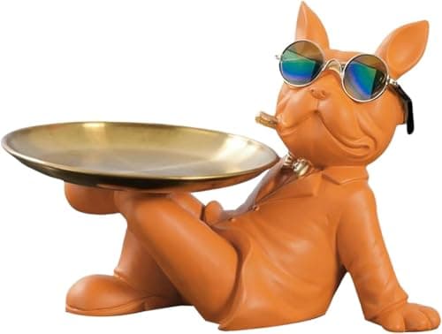 Generic Decorative Dog Butler Statue with Sunglasses, Orange Resin Figurine, Gold Serving Tray, Keys and Jewellery Holder (orange)