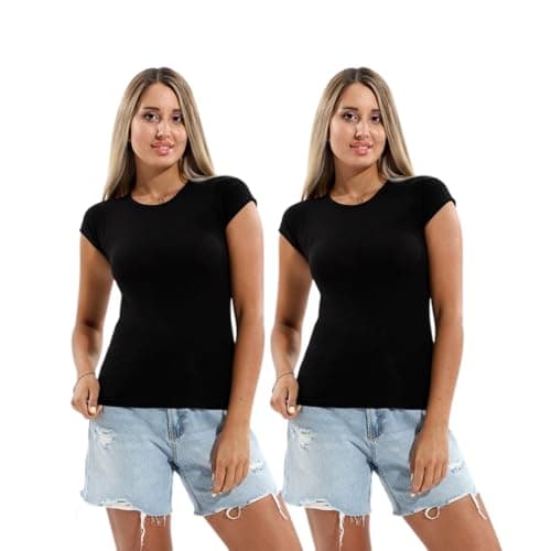 Cottonil Women's Basic Cotton Body Top, Round Neck, Short Sleeve, Casual Fitted Top, 2 Pack, Black and White Shirt