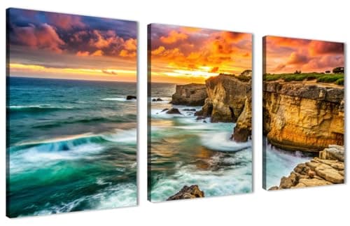 Skills Wall Art - Rock Coast at Sunset - Wall Art for Living Room, Bedroom, Office Decorations and More - Size (30cm x 40cm x 3pcs)
