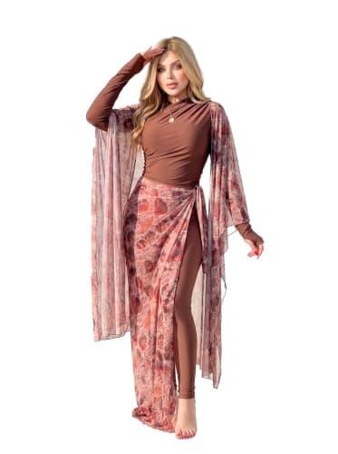 Women's Modest Burkini Swimsuit 5-Piece Set – Full Body Swim Jumpsuit, Seashell Print Chiffon Cardigan, Maxi Sarong, Skirt & Swim Cap From La Vie Model LV-BRK-170