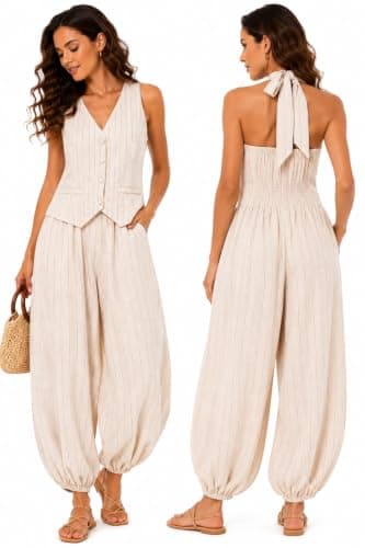 Balloon Stripe Two-Piece Set, Sleeveless V-Neck Vest and Relaxed Balloon Pants, Pink and Beige, Sizes M to XXL Coordinated outfit