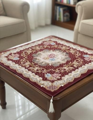 Generic Square Tablecloth with Floral Pattern, Burgundy Red, 100x100cm, Thick Lined Coffee Table Cover with Tassel .flo