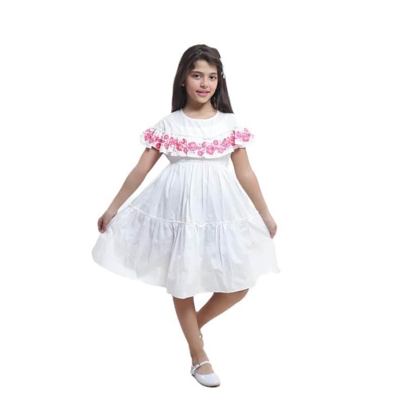 Pebeo Girls Short Dress Plain White with Pink Flower on Chest