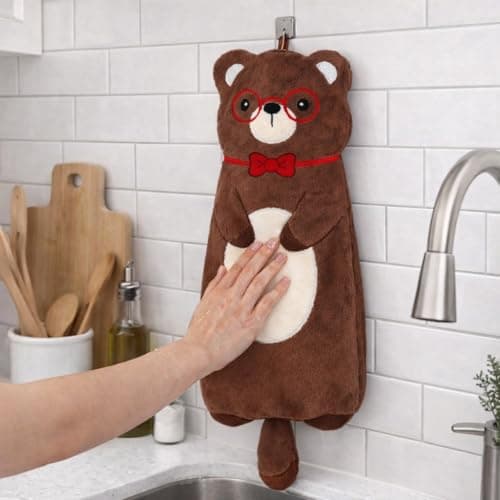 Elegant Cute Cartoon Animals Hanging Hand Towel Soft Absorbent Fabric Decorative Kitchen Bathroom Drying Towel With Loop For Home Use 80 Cm (Bear)