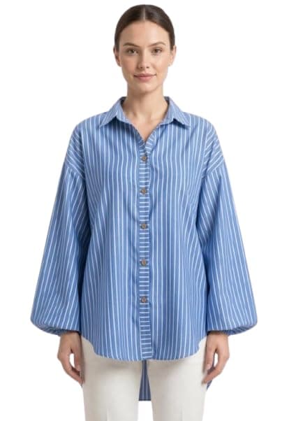 Striped Balloon Shirt, Blue Stripe | Lightweight breathable woven fabric