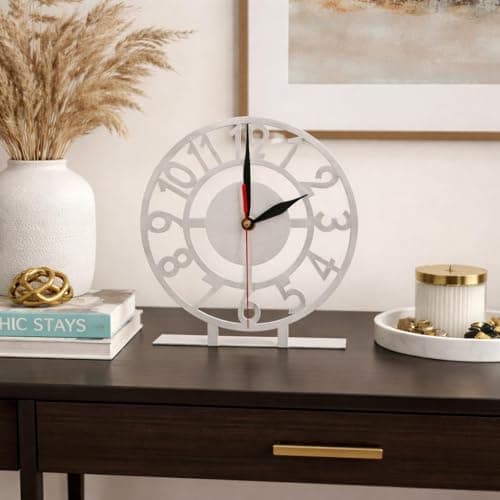 BEDAYA Metal Desk Clock, White, Vintage Design, Large Numbers, Black and Red Hands, Standing Base