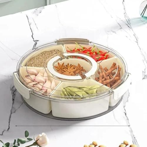 Generic Round Acrylic Spice and Snack Organiser with 6 Rotating Compartments, Clear Lid, 32cm x 8cm, .sew