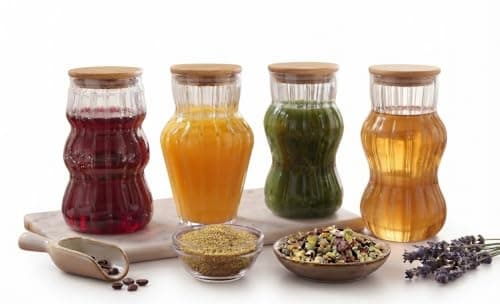 4-Piece Ribbed Glass Jar Set with Airtight Wooden Lids 420ml Glass Storage Canisters for Coffee Tea Spices Pasta Kitchen Pantry Organization Containers