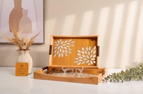Generic Beechwood Serving Tray Set with Glass Base, 2-Piece, .ar