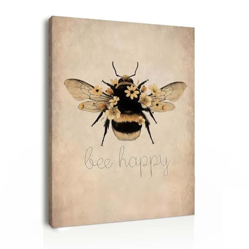 Framed Canvas Wall Art 12x16 Inch Bee Happy Inspirational Quote Artwork Rustic Bee Picture Modern Wall Canvas for Living Room Bedroom Hallway and Stairs Wall Decoration Prints with Hooks Magic Tape
