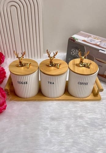 Generic Sugar, Tea and Coffee Canister Set with Airtight Wooden Lids, Gold Deer Handle, White, 3 Piece, .Ais Food storage container