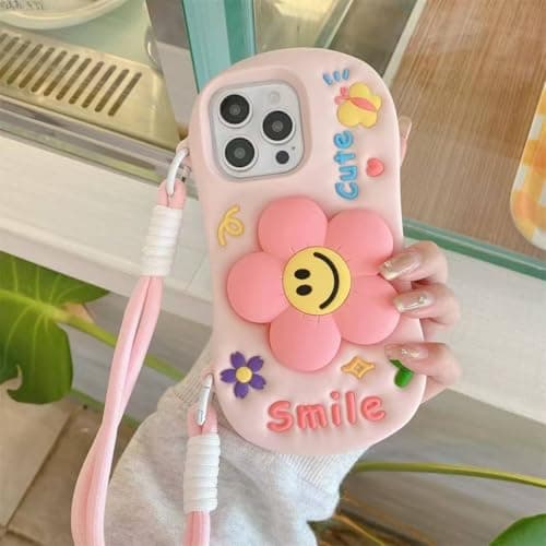 Ecosystem Stylish 3D Cartoon Case Compatible for iPhone 13/14 / 15, All-Round Protection, Anti-Slip, Scratch-Resistant, and Fun Aesthetic Cover (Smile with Pop Socket) Cellular phone case