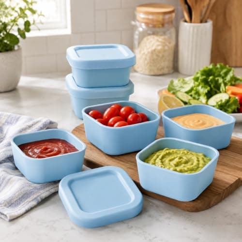 Set of 4 Silicone Condiment Containers with Lids Food Grade Leak Proof Reusable Storage Cups 100 ml Stackable Freezer Dishwasher Safe for Lunch Box, Snacks, Sauce, Dressing and Kitchen Use (Sky Blue)
