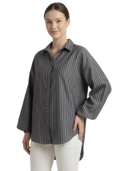 Striped Balloon Shirt, Charcoal Gray Stripe | Lightweight breathable woven fabric