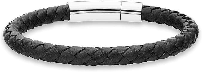 NUBIAA Premium Braided Leather Bracelet for Men | Full-Grain Braided Leather with Sterling Silver Polished Stainless Steel Clasp | Men’s Designer Bracelets | Medium