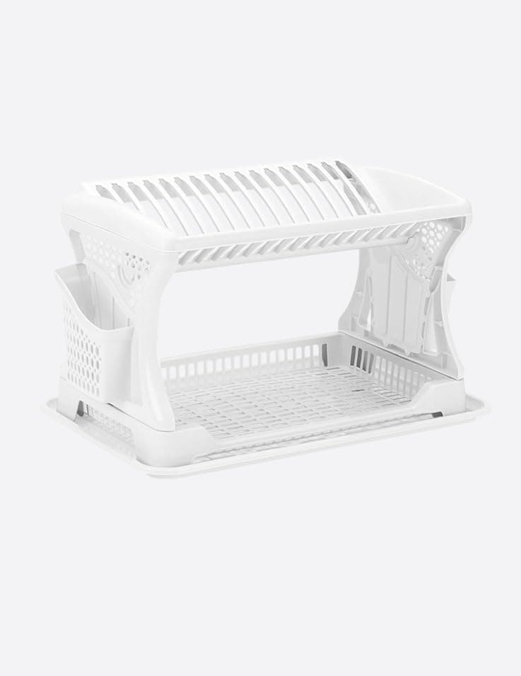 2-Tier Dish Drying Rack with Draining Tray and Utensil Holder | Dual-Level Storage, Drip Tray Included, Cutlery Caddy, Cup & Plate Organiser, Countertop Design