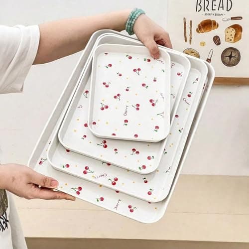 Generic Rectangular Serving Tray Set, Cherry Pattern, Melamine Acrylic Material, 3-Piece Set, White with Red Cherry Design .nin