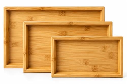 Heavy Wood Serving Tray Set 3 Pieces Different Sizes for Serving Tea, Juices, Desserts - AM