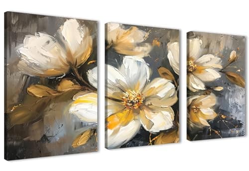 NOVA ART Abstract Canvas Wall Art White and Yellow Flowers Gold Details Wall Art for Bedroom Living Room Office Etc Modern Home Decor 30cm x 40cm x 3pcs