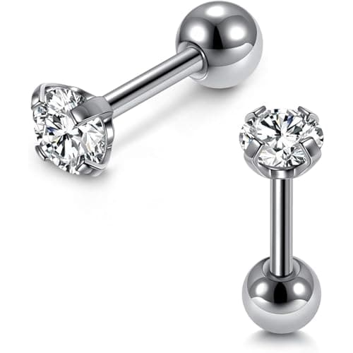Julia Store Mini Cubic Zirconia 16G Studs Round Rhinestone Diamond Stainless Steel Post Back Ball Screw Men Women Boy Girl Nose Helix Cartilage Ear Lobe Small Cute Piercing Jewelry