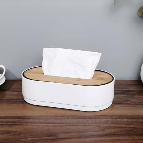 Modern Oval Plastic Tissue Box with Wooden Lid for Home Office and Cafe Decorative Paper Organizer and Napkin Holder for Bathroom and Tables White Facial tissue holder