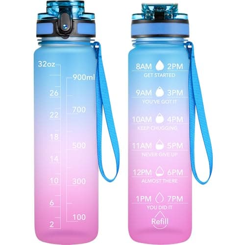 OLDLEY Water Bottles, 32oz Motivational Sports Water Bottle with Time Marker - Times to Drink - Tritan, BPA Free, Wide Mouth Leakproof, Blue Amethyst (1 Pack)