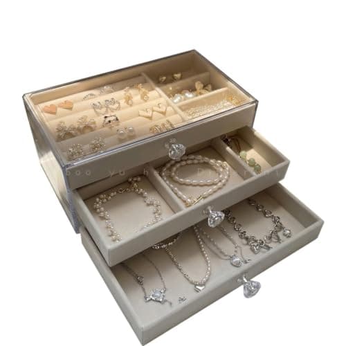 Acrylic 3 Drawer Accessories Organizer with Velvet Liners, Jewelry Organizer for Earrings, Rings, Bracelets with Stylish Crystal Handles, Practical Storage Box for Dresser and Desk