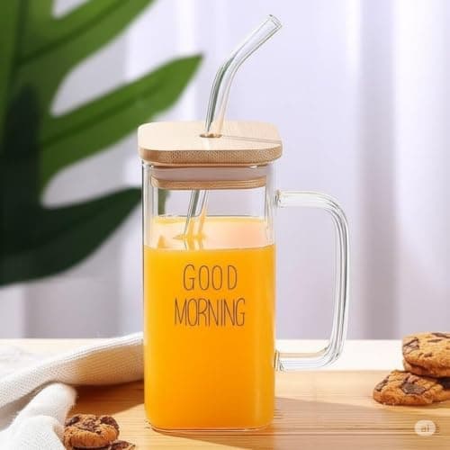 quare Glass Tumbler for Iced Coffee, Cold Drinks, Ice Coffee with Glass Shalemo and Ergonomic Handle - Modern Design Transparent Glass Mug Multicolor