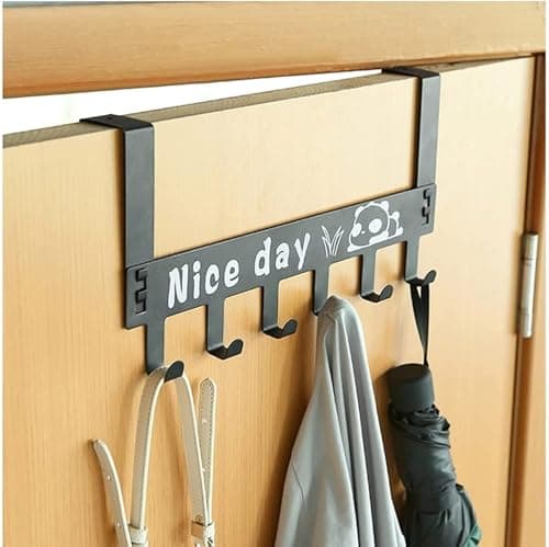 Over the Door Metal Hanger Hook Rack with 6 Hooks for Organizing Clothes and Accessories Heavy Duty No Drilling Required Door Organizer Black Storage hook