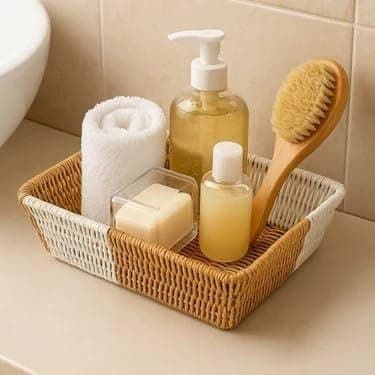 Generic Rattan Basket Organiser, Two-Tone Colour, for Bathroom, Kitchen, Vanity, Bread Rack, and Fruit Bowl, .db