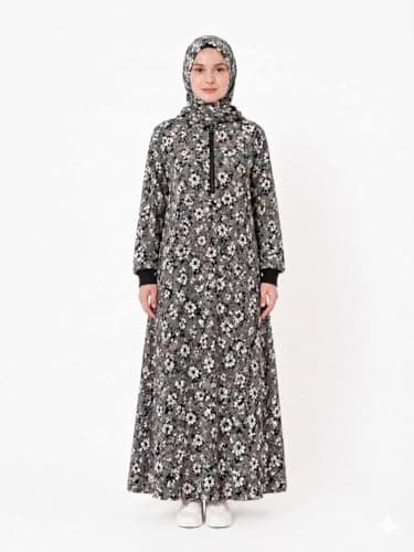 Women Floral Print Maxi Dress Black and White Hooded Long Sleeve with Cuffs Zipper Front Hijab Dress