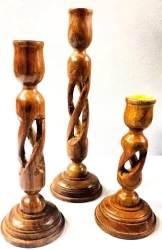 3-Piece Indian Sheesham Wood Candle Holder Set Handmade Table Decor