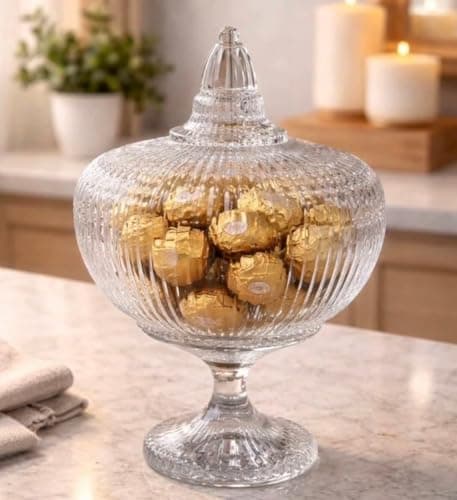 Generic Ribbed Glass Snack with Lid, Clear, Pedestal Style, for Serving Nuts, Candy, and Chocolates, .sn