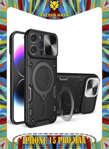 GOLDEN MASK For iPhone 15 Pro Max Armored Camera Shield Cover Camera Lend Protection, Built-in 360° (Black) Cellular phone case