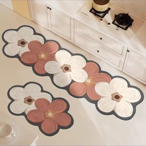 Generic Flower Kitchen Mat Set, Cream and Pink, Non-Slip, 2 Piece, Large 150x60cm and Small 60x70cm, .flo