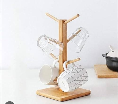 Generic Beech Wood Mug Holder Tree Stand with 6 Hooks, Countertop Cup Drying Rack Organiser, .ar Storage hook