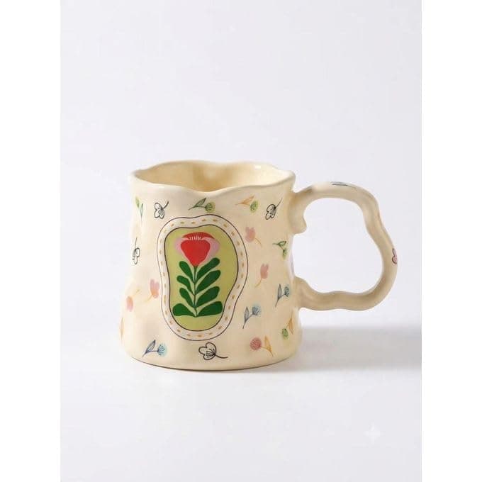 Handcrafted Irregular Ceramic Coffee Mug with Floral Pattern Artistic Flower Design Cup for Tea and Coffee Suitable for Hot and Cold Beverages